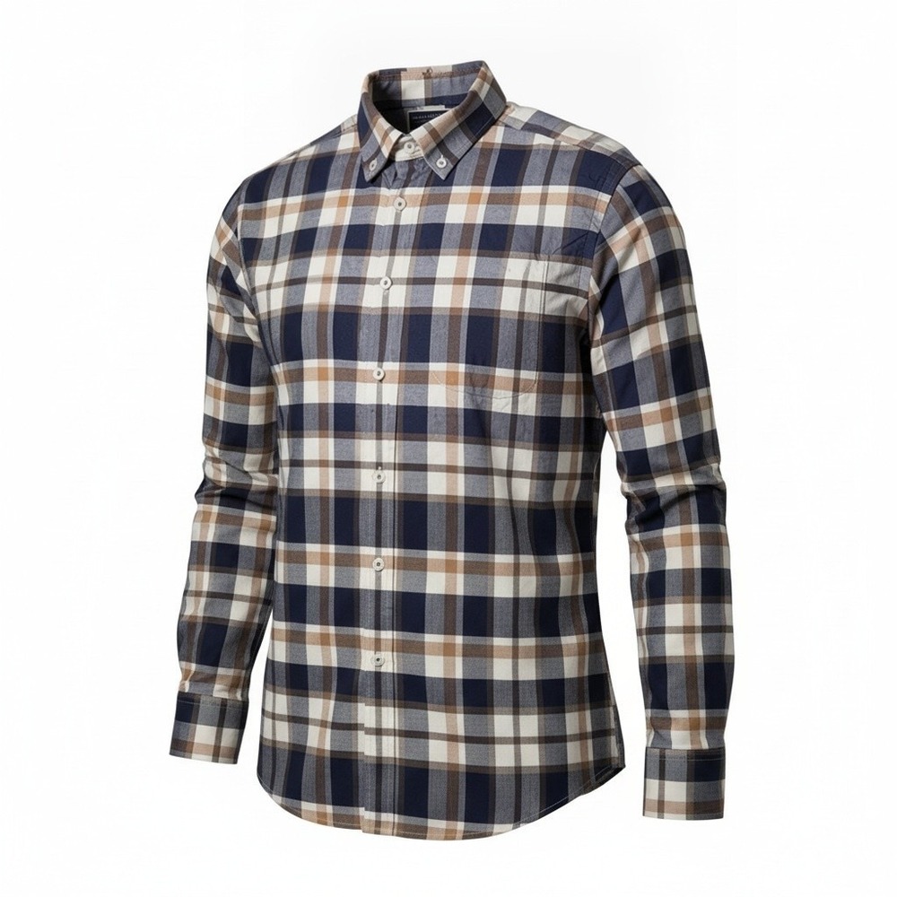 Charles Tyrwhitt Button Down Shirt Mens Large Brown Navy Blue Plaid Slim Fit